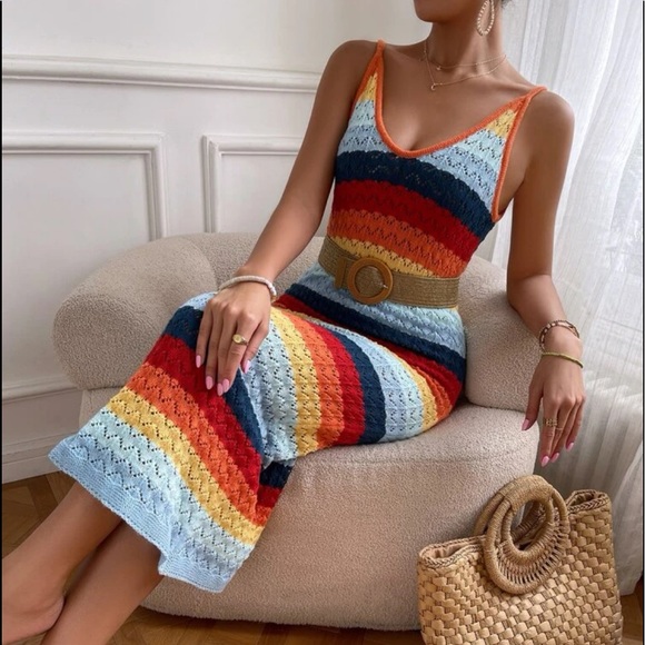 Dresses & Skirts - Boho Rainbow Color Block Knit Cami Dress NO BELT